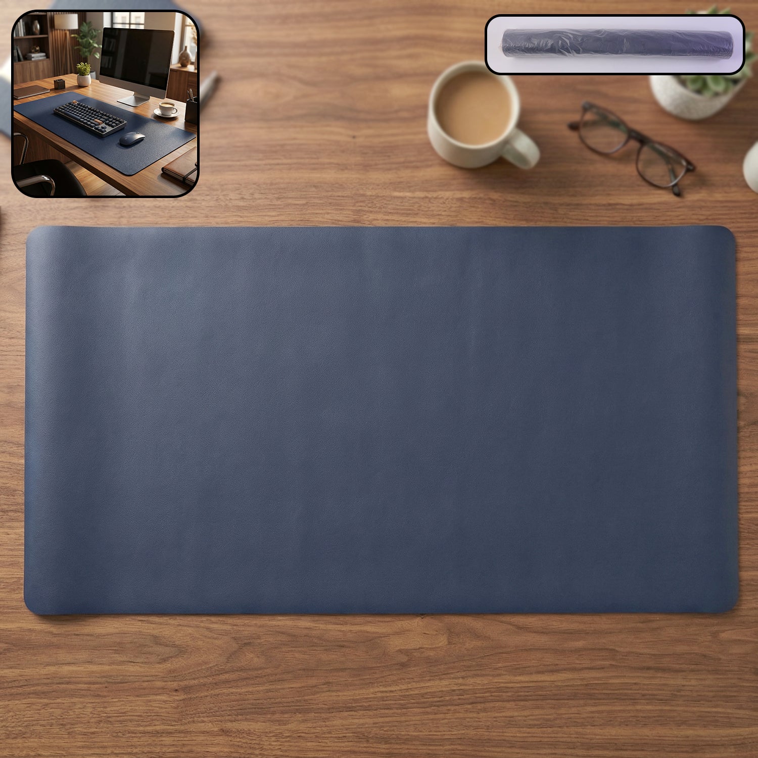 Wukusy premium leather finish large desk mat and mouse pad, 90x45 cm, with smooth surface and stitched edges for office use.