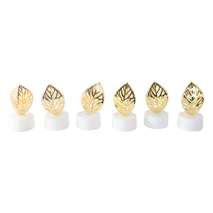 Set of 12 Wukusy decorative golden leaf-shaped flameless LED candles for elegant home decor, featuring leaf details and warm glow.