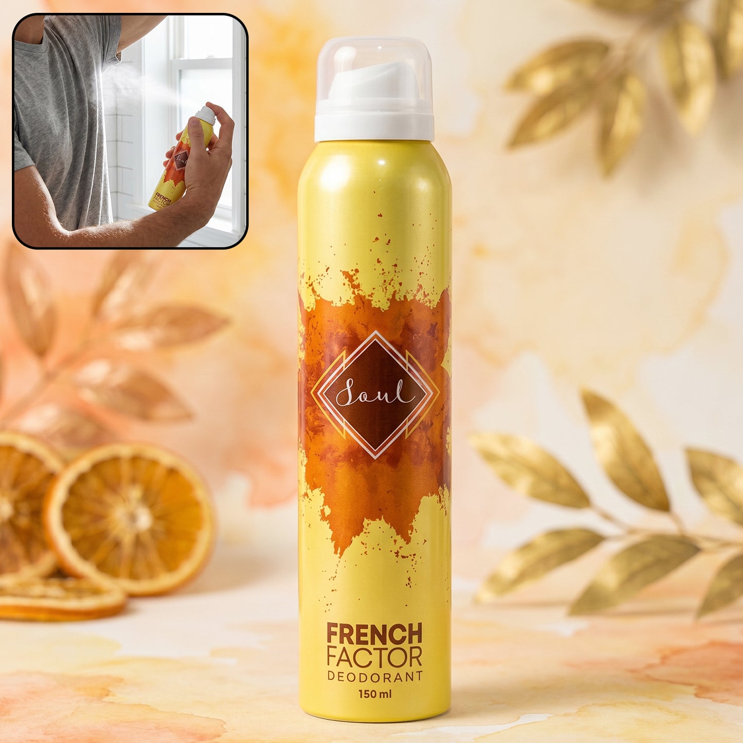 Wukusy French Factor Soul deodorant body spray 150 ml bottle with sleek design and spray nozzle for freshening up.