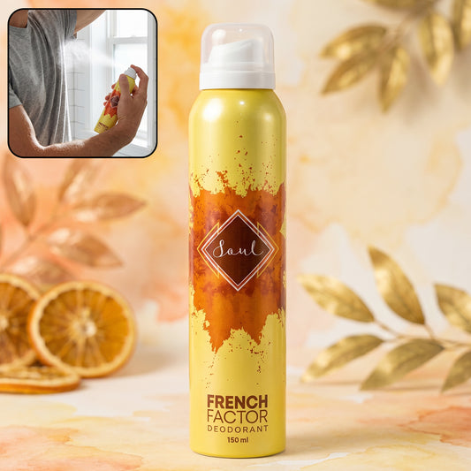 Wukusy French Factor Soul deodorant body spray 150 ml bottle with sleek design and spray nozzle for freshening up.