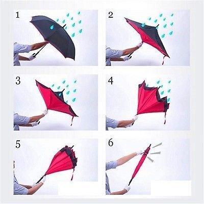 Wukusy 6211 plain windproof upside-down reverse umbrella with C-shaped handle, black color, opened showing reverse design and handle detail.