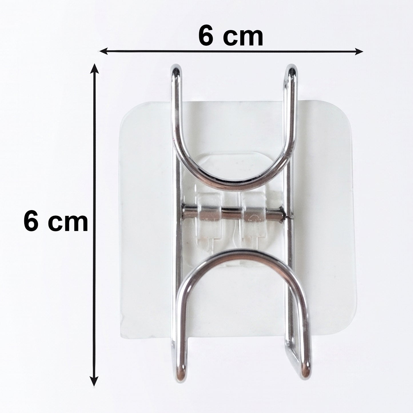 Transparent double loop adhesive wall hook by Wukusy, showing a clear plastic hook with adhesive backing on a wall.