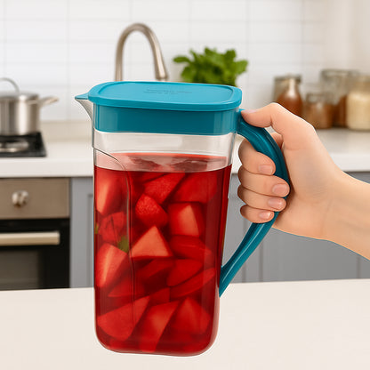 Wukusy Supermom plastic H2O juice jug, 1500ml, with handle and spout for easy pouring in a home and kitchen setting.