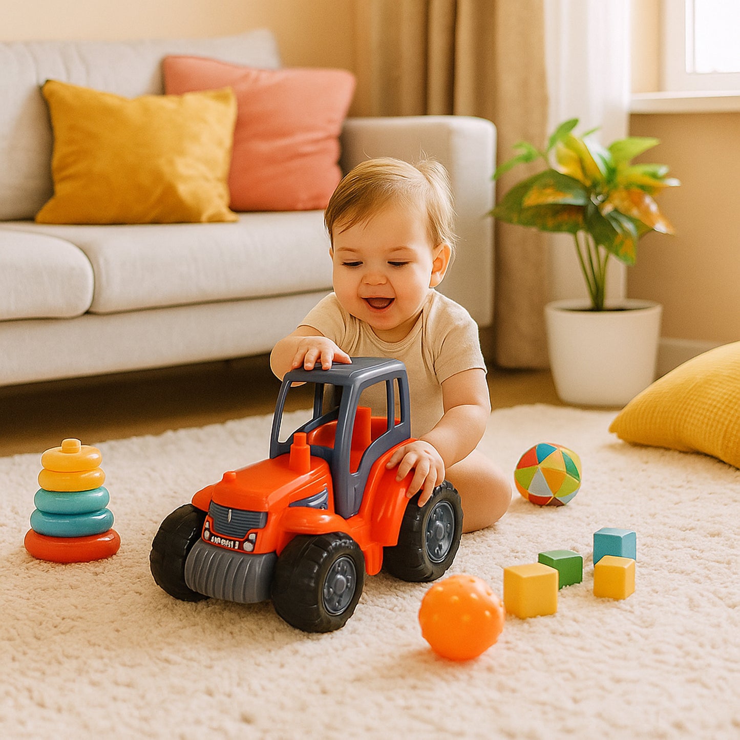 Wukusy Funwoods Kids friction-powered toy tractor, detailed plastic toy vehicle for children, colorful and fun for playtime.