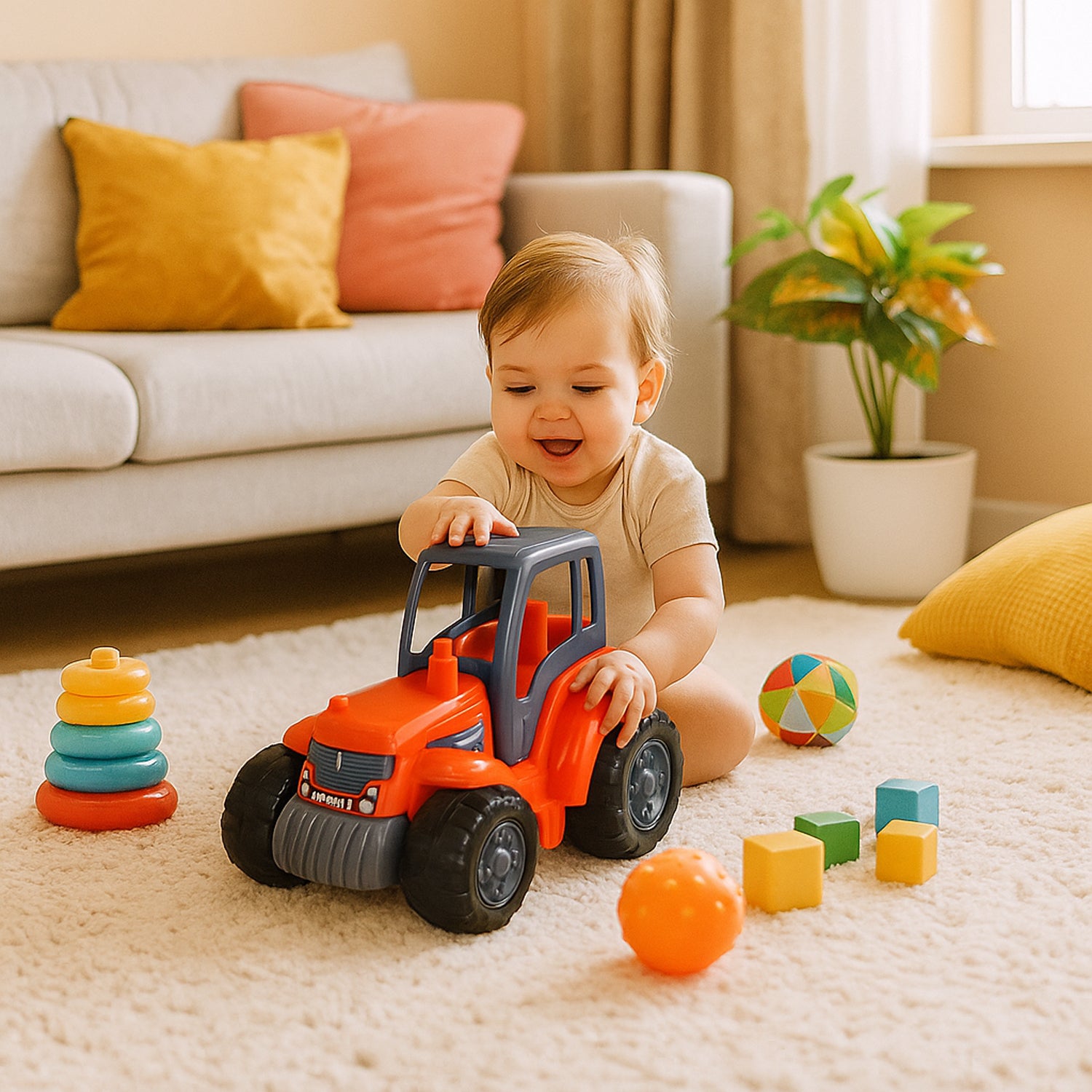 Wukusy Funwoods Kids friction-powered toy tractor, detailed plastic toy vehicle for children, colorful and fun for playtime.
