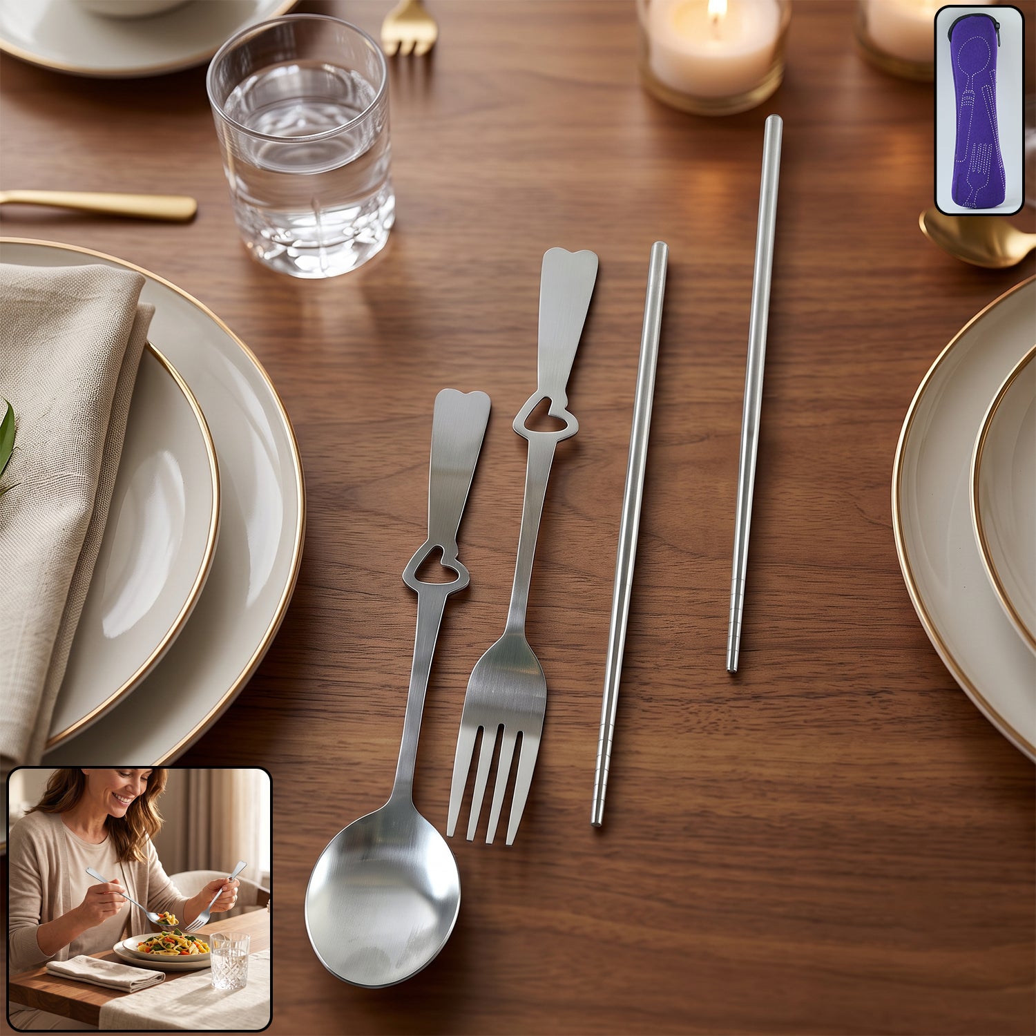 Wukusy portable stainless steel cutlery set with spoon, fork, chopsticks, and pouch for travel and everyday use.