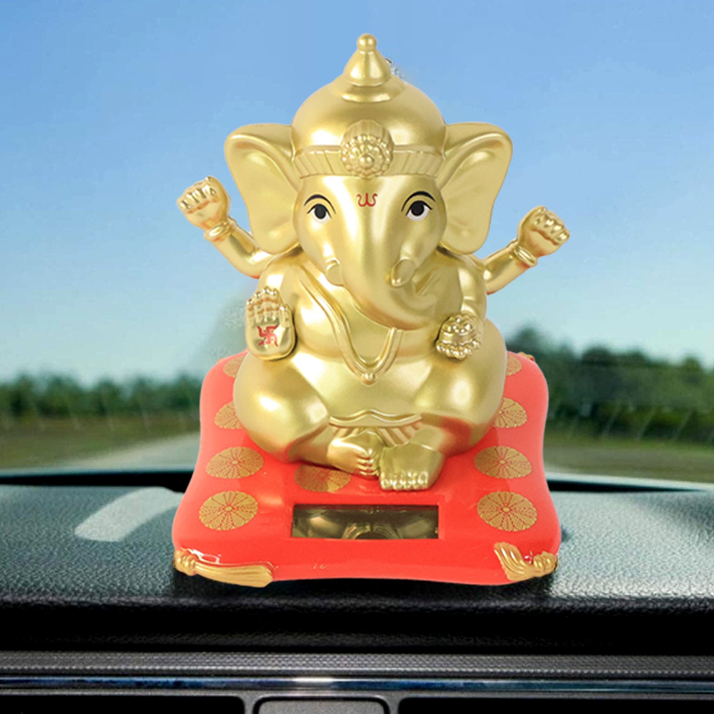 Large decorative Lord Ganesha idol with solar-powered base, suitable for home decor, featuring intricate design and vibrant details.