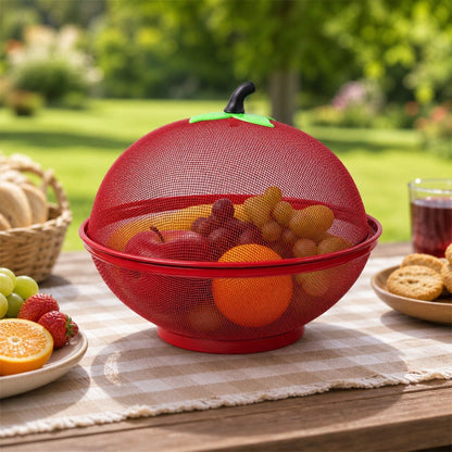 Wukusy metal net fruit basket with apple-shaped dome cover for kitchen storage, featuring a sturdy wire design and decorative cover.
