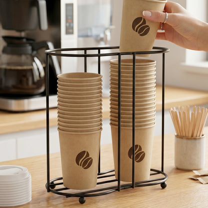 Wukusy metal desktop water cup holder showing a sleek, cylindrical design holding a water cup on a desk surface.
