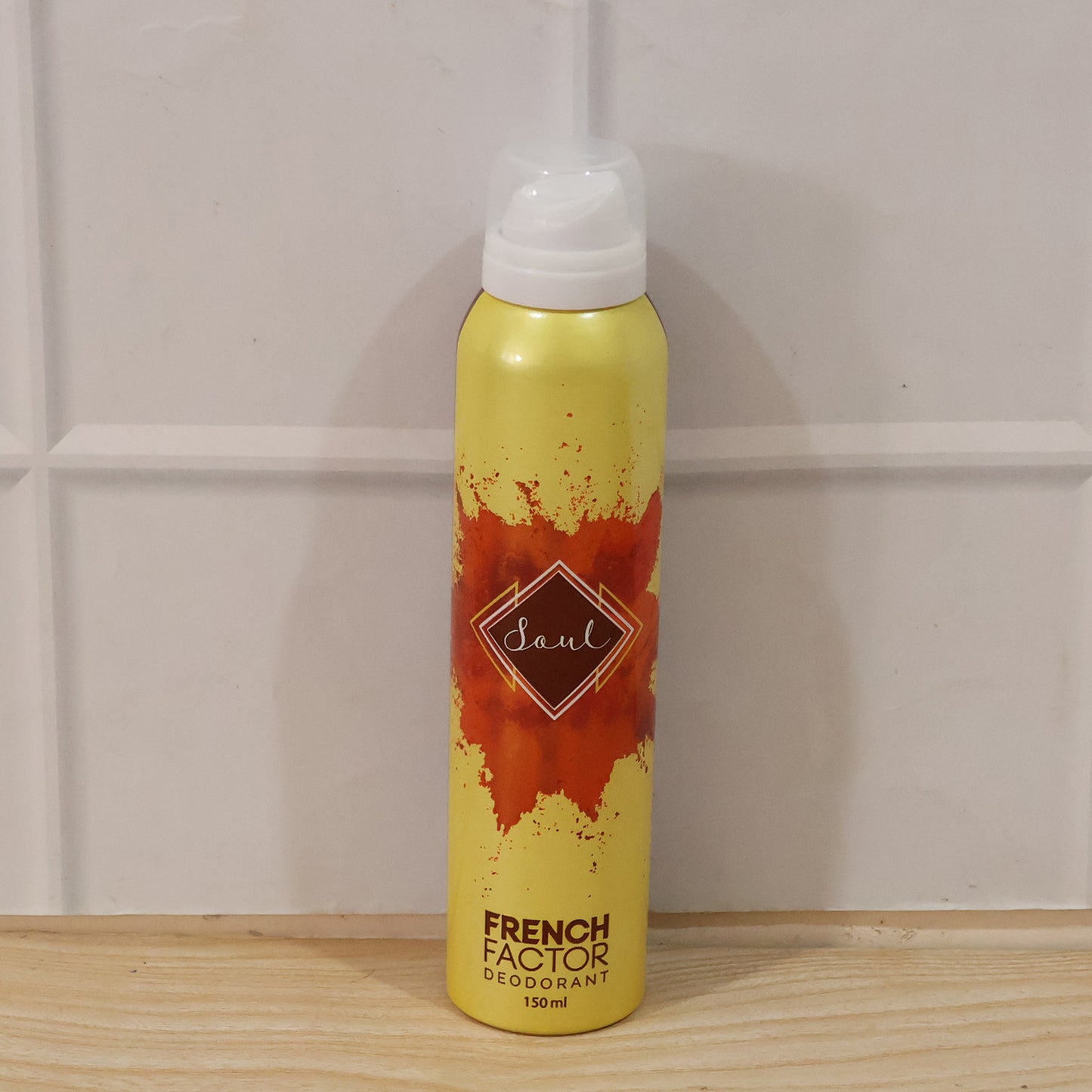 Wukusy French Factor Soul deodorant body spray bottle, 150ml, with sleek packaging and spray nozzle visible.