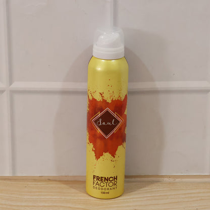Wukusy French Factor Soul deodorant body spray bottle, 150ml, with sleek packaging and spray nozzle visible.