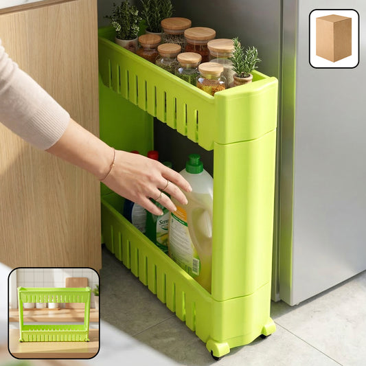 Wukusy Prexo plastic 2-layer slim storage rack with wheels, featuring two spacious shelves and mobile design.