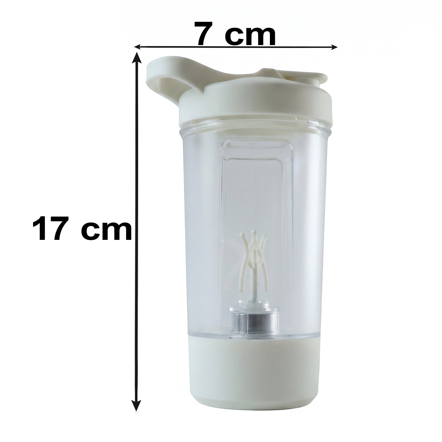 Wukusy 400ml USB rechargeable electric self-stirring protein shaker bottle, showing the sleek design and lid with mixing mechanism.