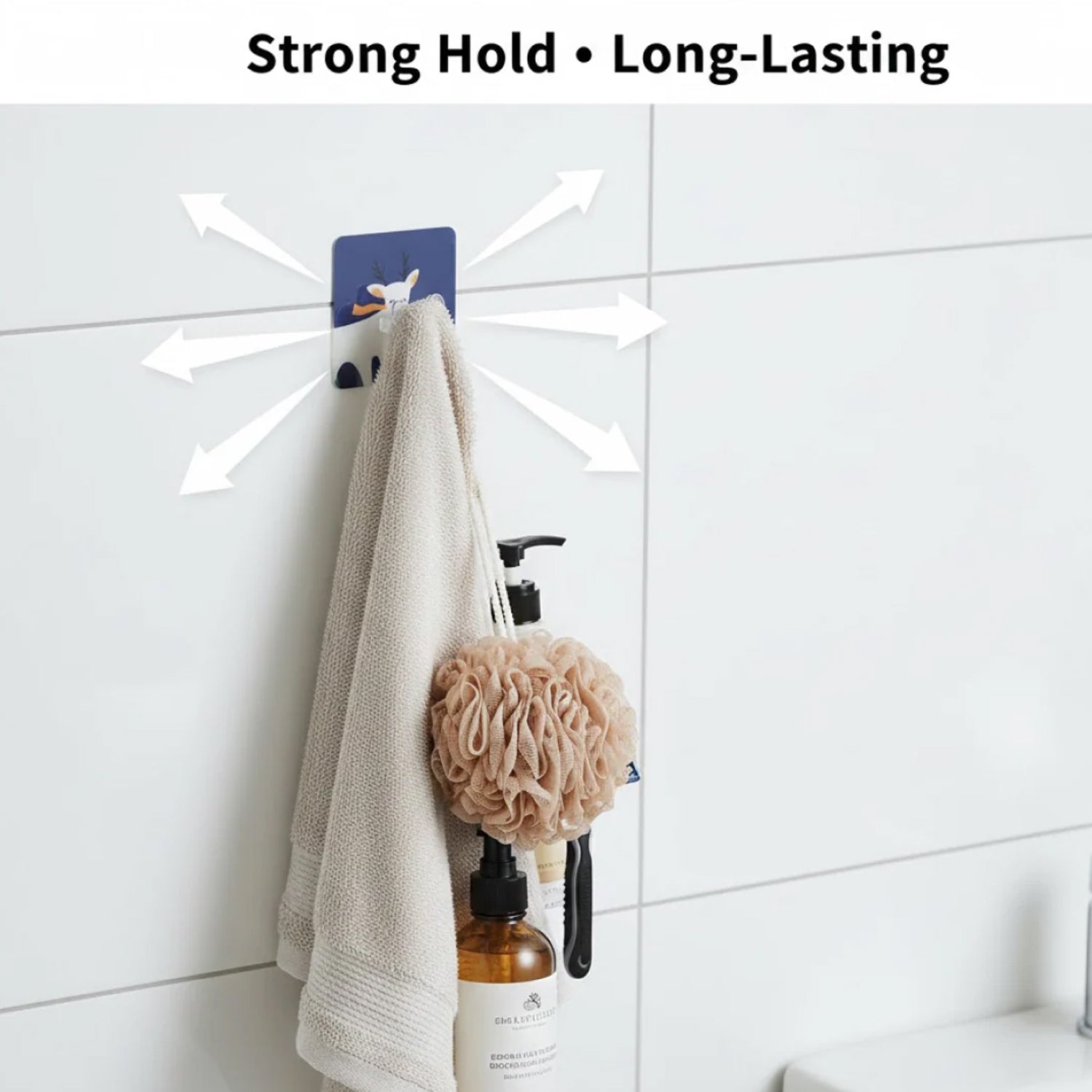 Soft hanging hand towel with self-adhesive wall hook from Wukusy, displayed hanging on the wall in a cozy bathroom setting.