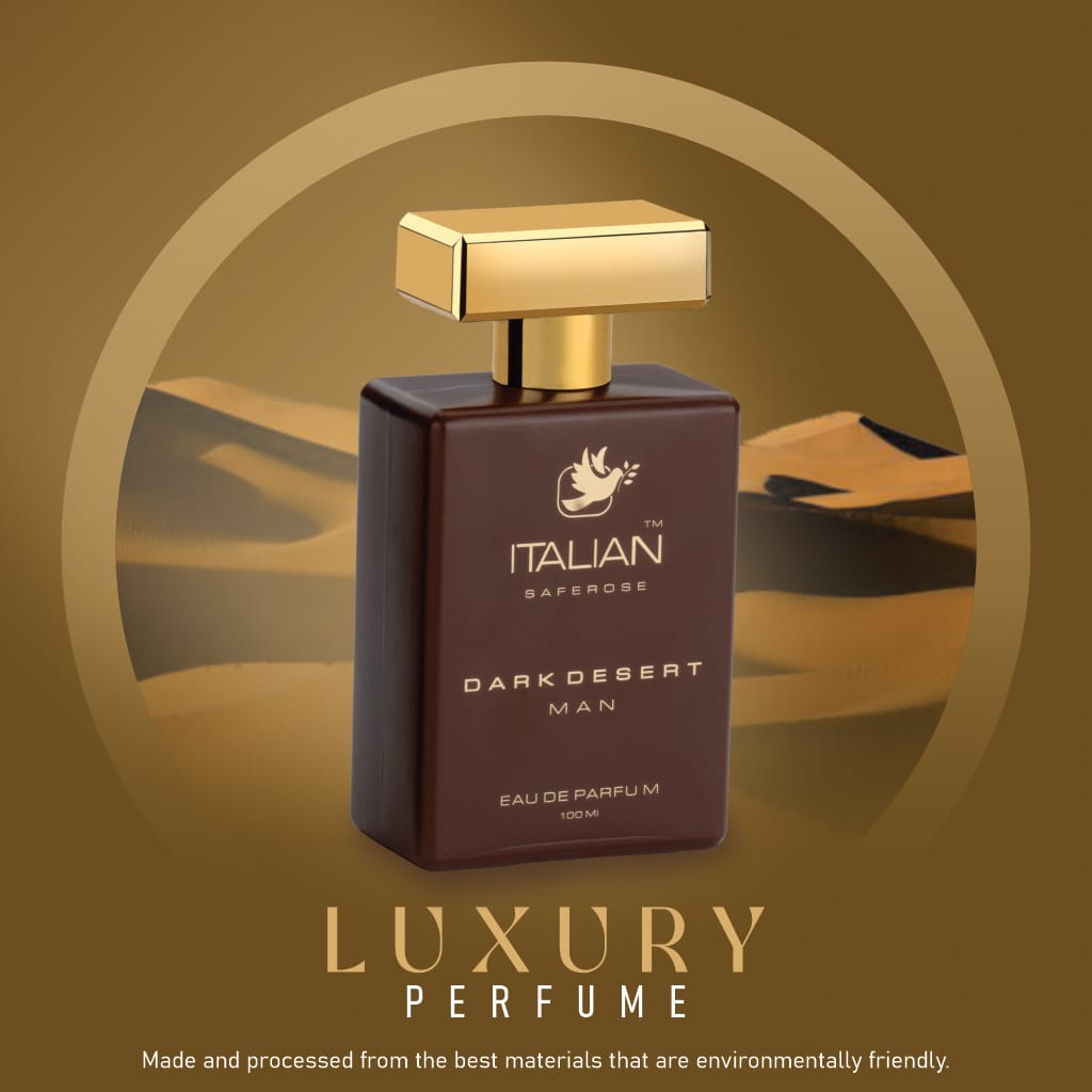 Italian Saferose Dark Desert Man Eau De Parfum by Drpshippr, 100ml luxury perfume bottle with dark desert-inspired design.