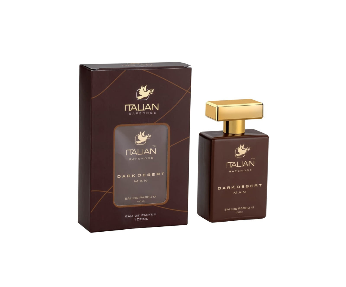 Italian Saferose Dark Desert Man Eau De Parfum by Drpshippr, 100ml luxury perfume bottle with dark, elegant design.
