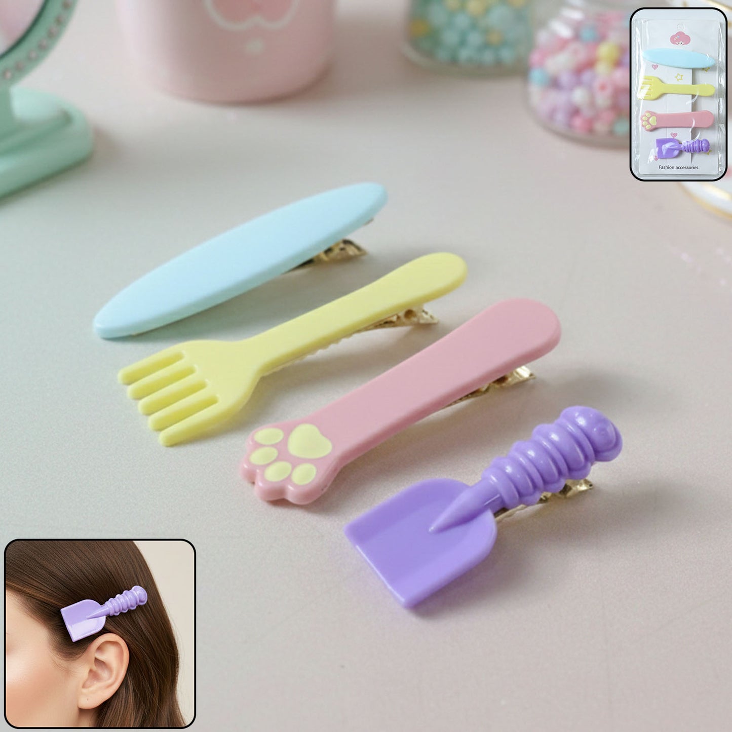Set of four Wukusy cute multi-design hair clips featuring colorful patterns and playful styles for versatile hair accessories.