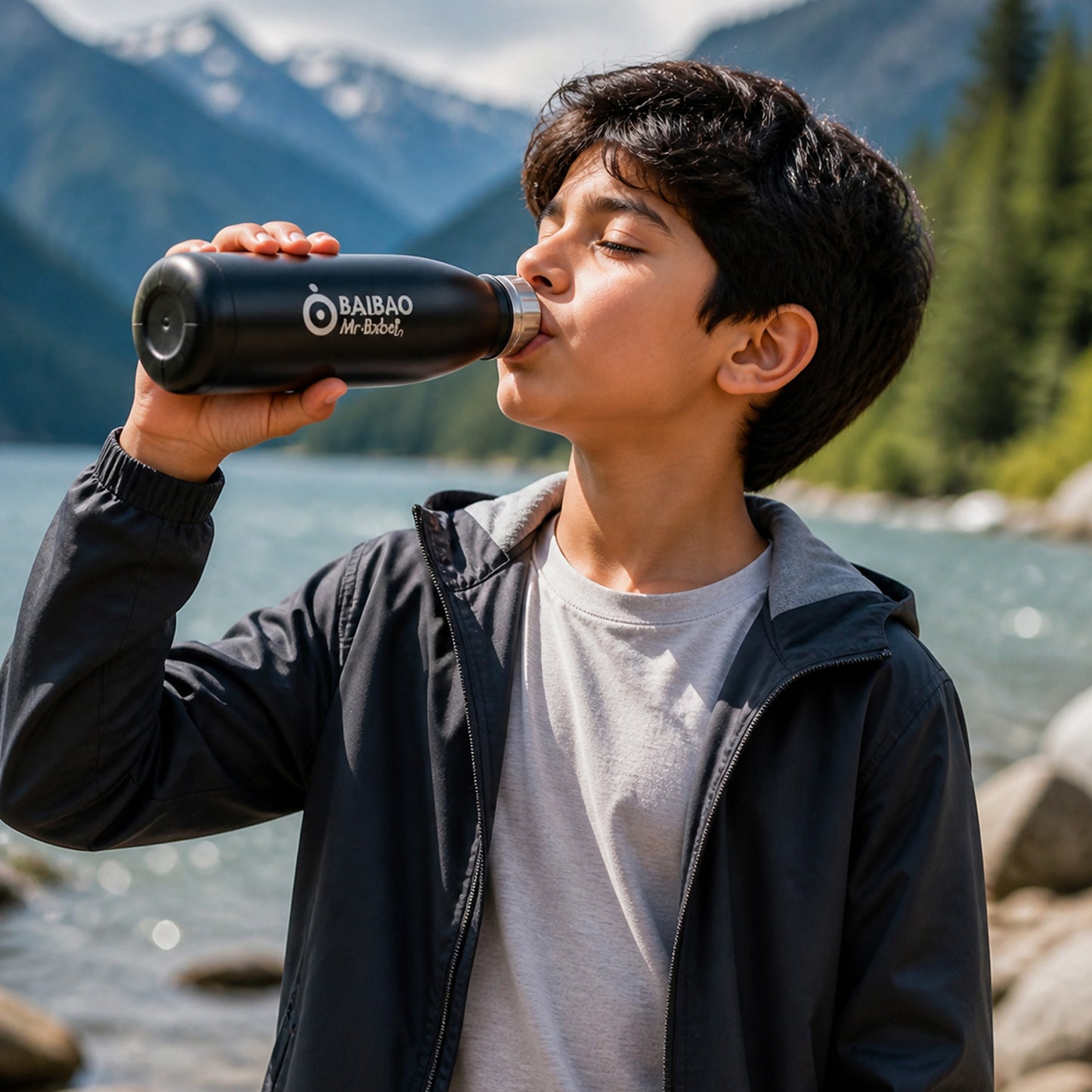 Stainless steel water bottle by Wukusy, 500ml capacity, sleek silver finish, with a screw-on lid and ergonomic design.