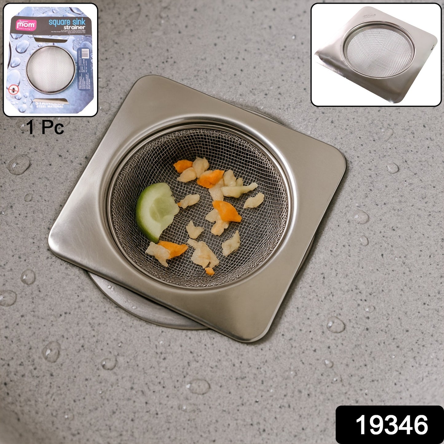 Wukusy stainless steel square sink strainer in a kitchen sink, designed to catch debris and prevent clogs.