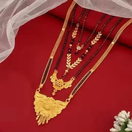 Set of four feminine elegant gold-plated alloy mangalsutras with artificial beads, non-adjustable, free size jewelry by Ekom.