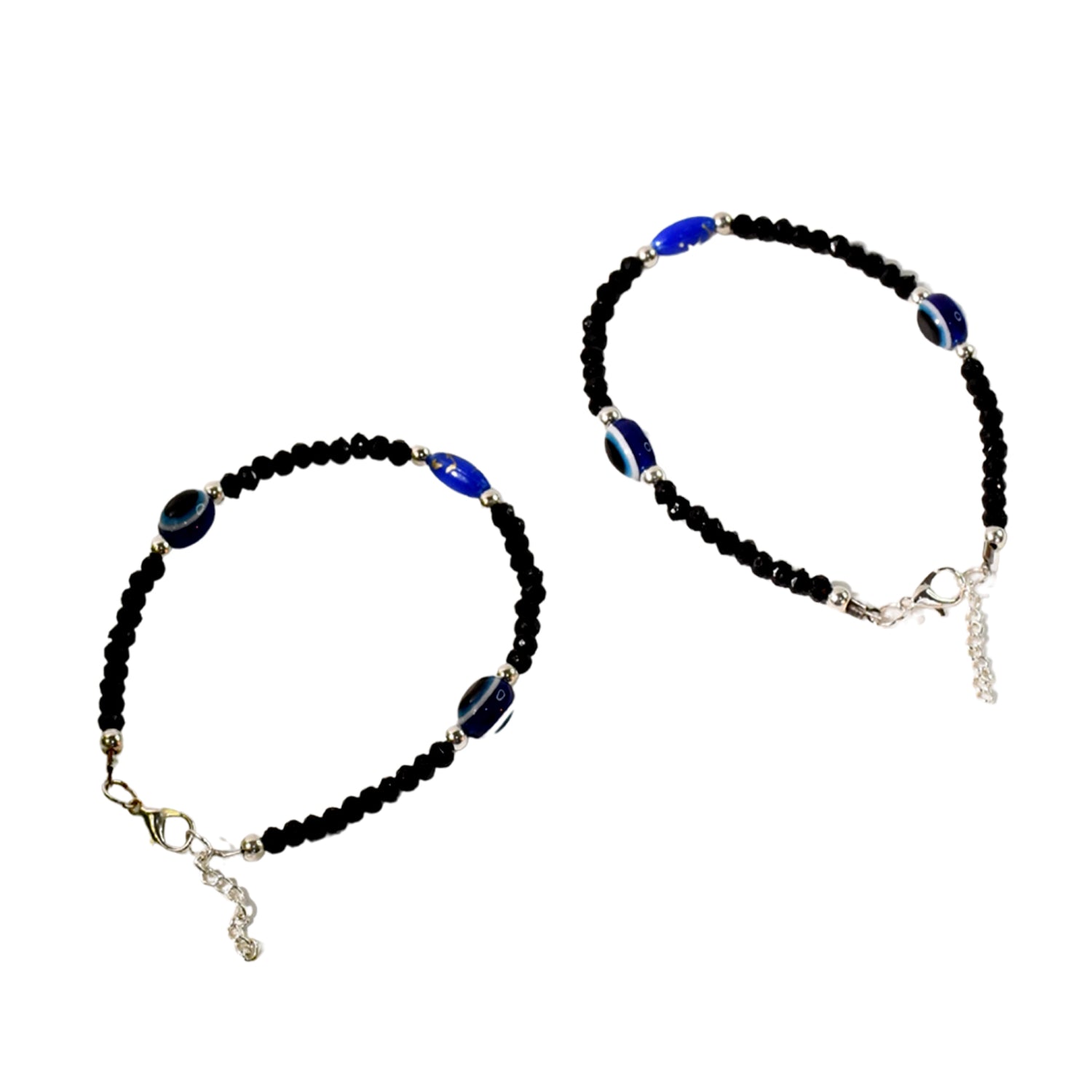 Black bead evil eye protection bracelet set by Wukusy, featuring adjustable design and vibrant blue eye charms on stretchy cords.