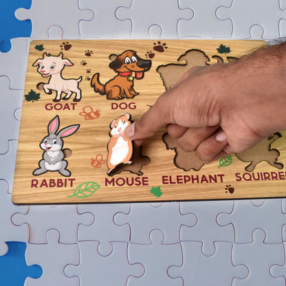Wooden animal puzzle learning educational board with colorful animal pieces from Wukusy, designed for kids' educational play.