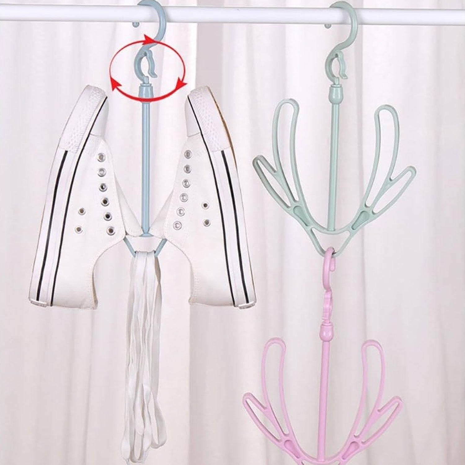 Rotatable Wukusy shoe drying hanger with multiple tiers for balcony or closet, ideal for drying and organizing shoes efficiently.