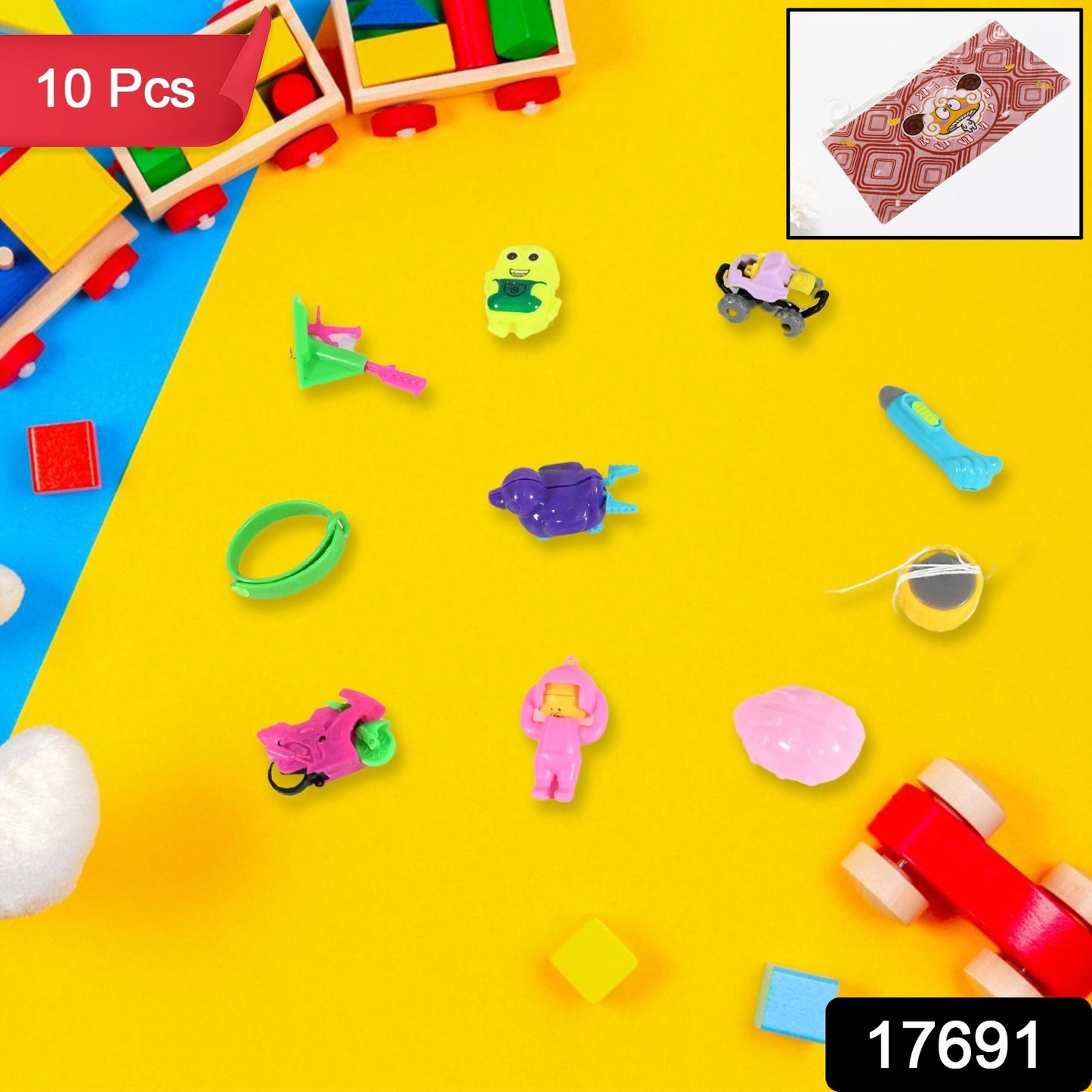 Wukusy 10-in-1 kids' toy set with ten small, colorful toys for children to explore and play with.