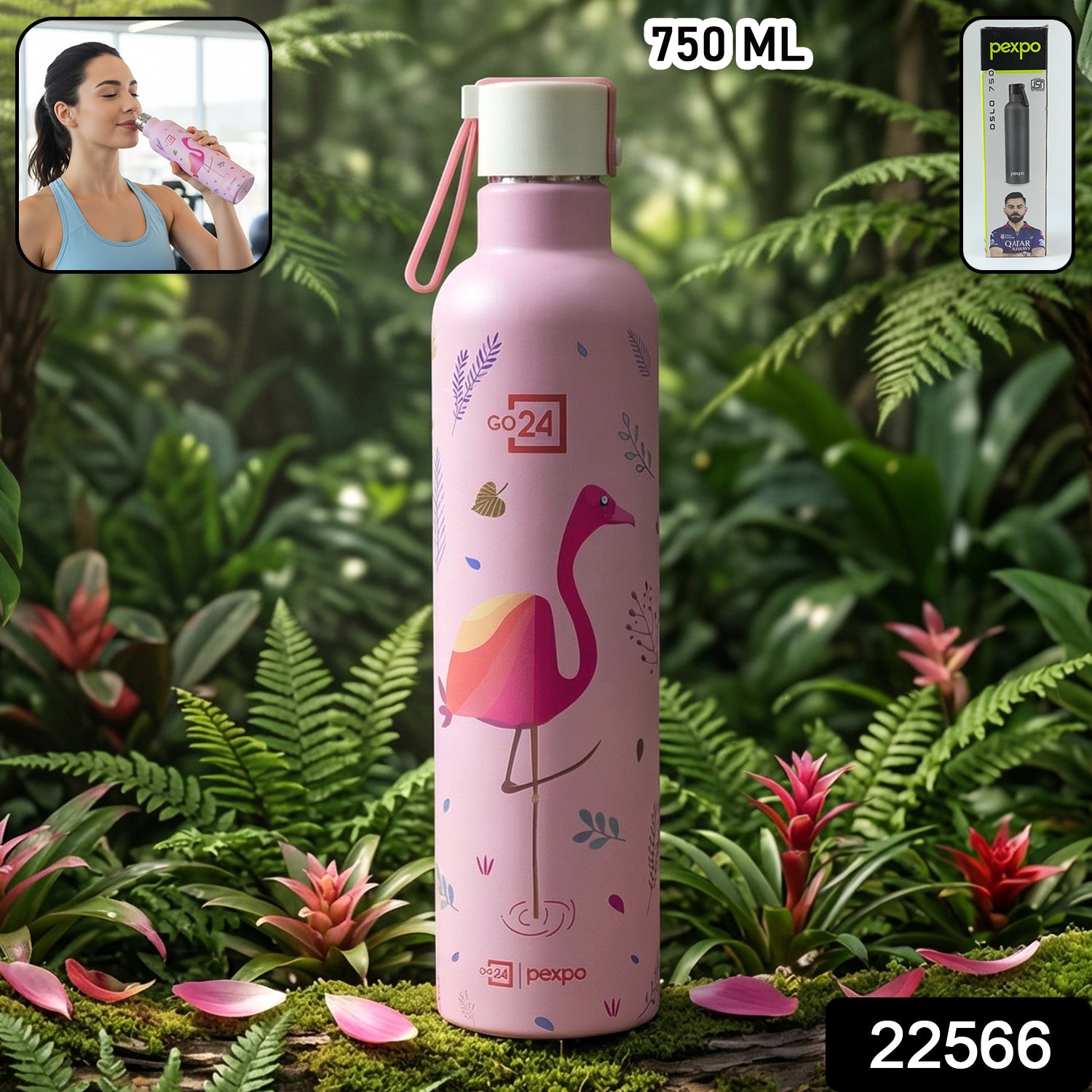 Wukusy Pexpo Oslo Art printed 750ml stainless steel insulated water bottle with colorful abstract design.