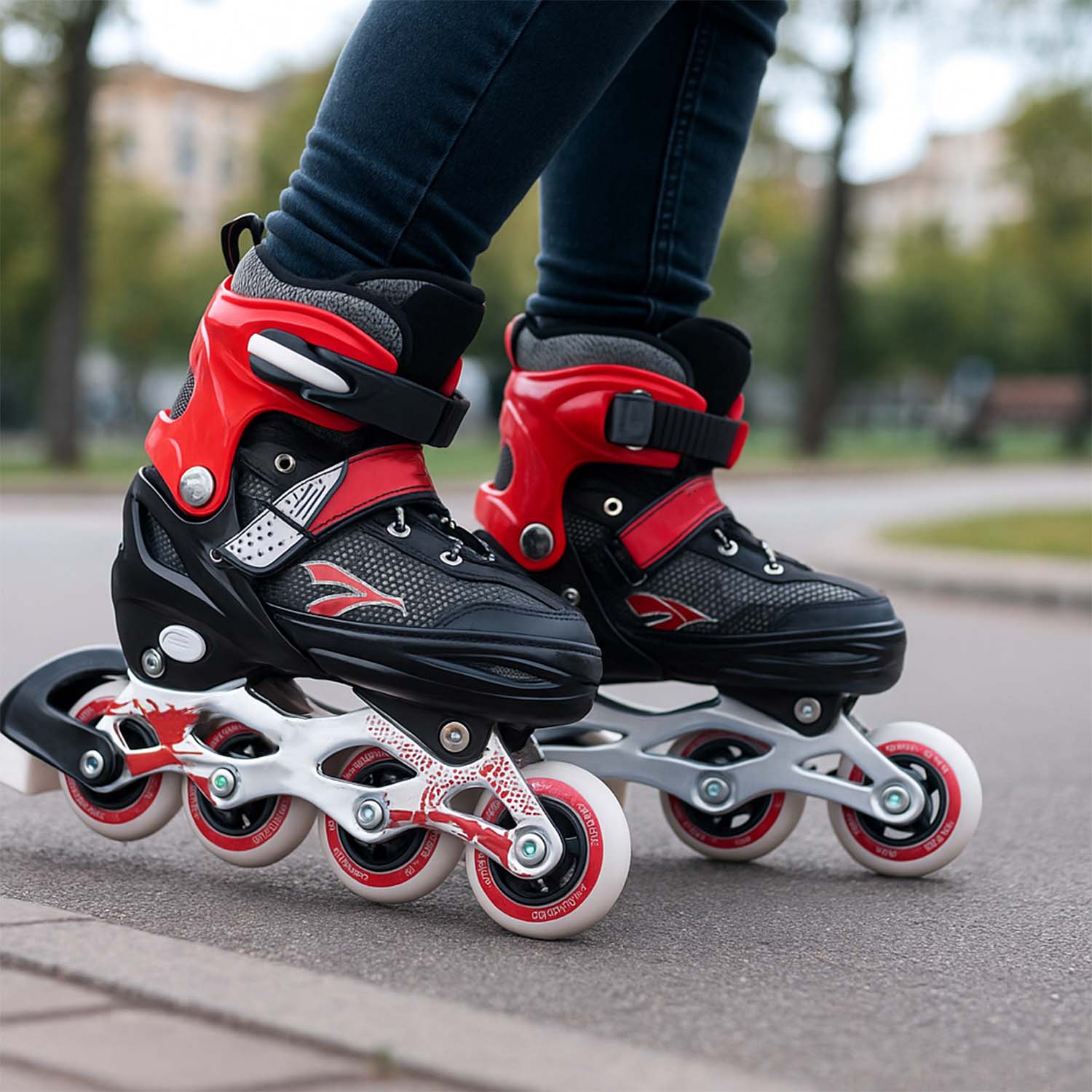Wukusy professional adjustable inline skates for kids and adults, medium size, featuring black and blue design with support straps.