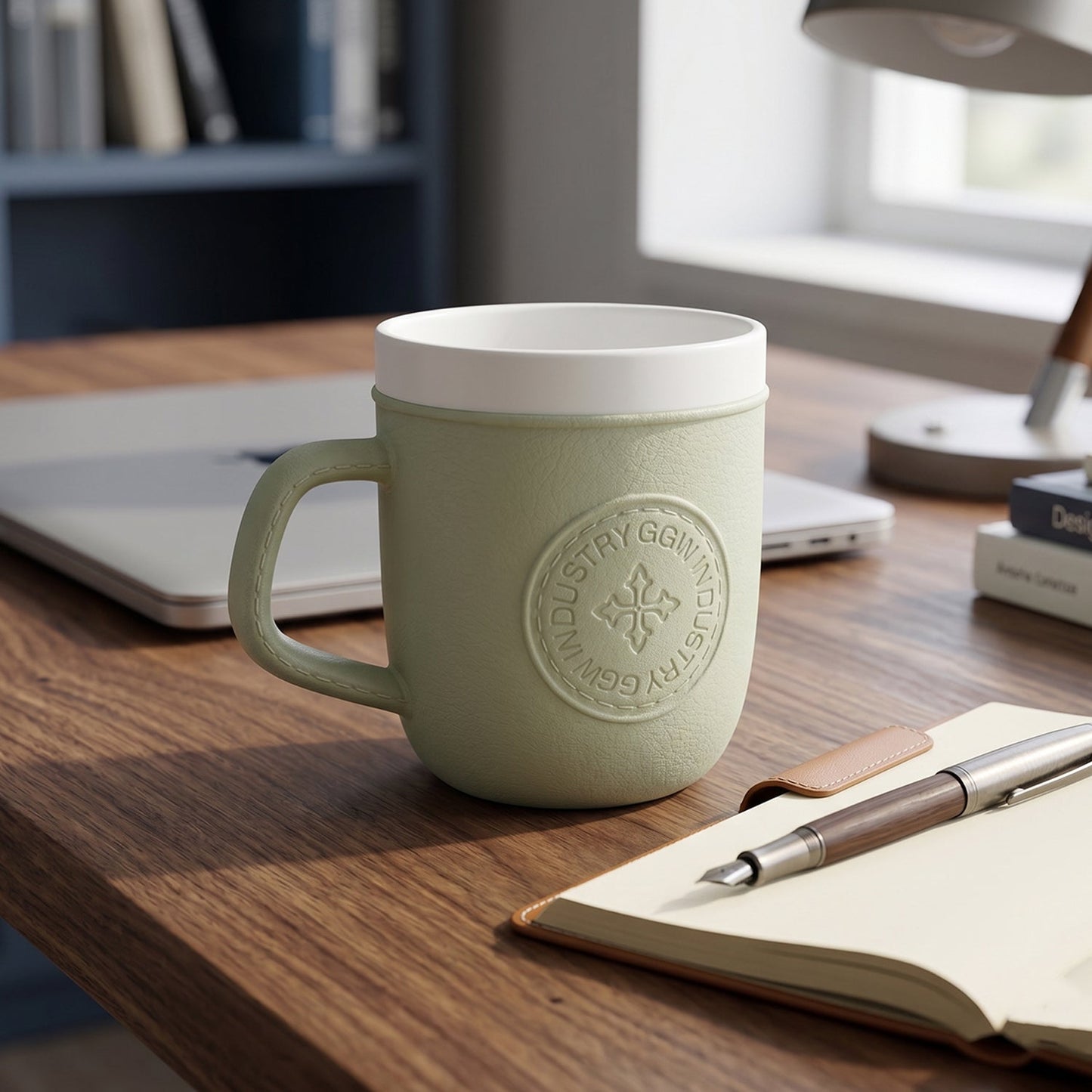 Wukusy plastic coffee mug with handle, leather texture tea cup for home or office use, 1 piece on a plain background