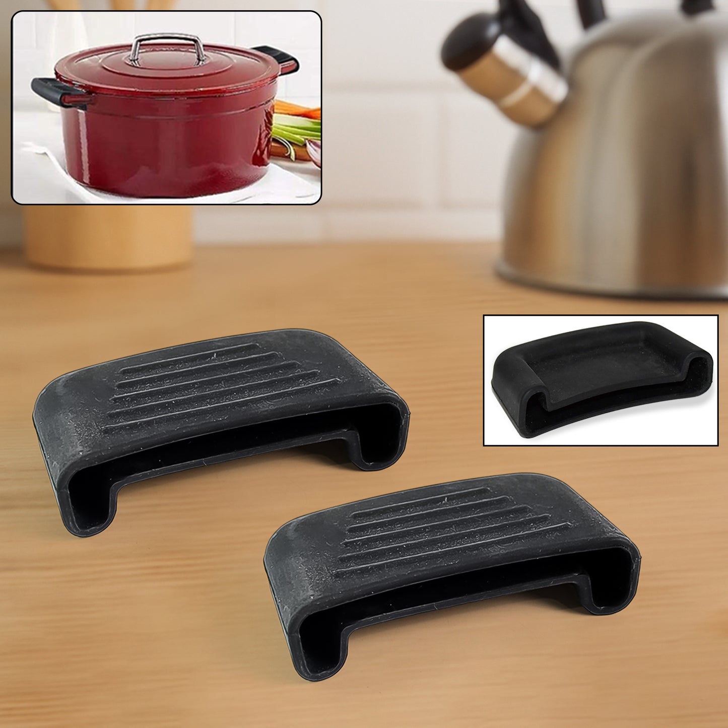 Two Wukusy silicone rubber pot handle sleeves showing heat-resistant, flexible covers for kitchen cookware handles.
