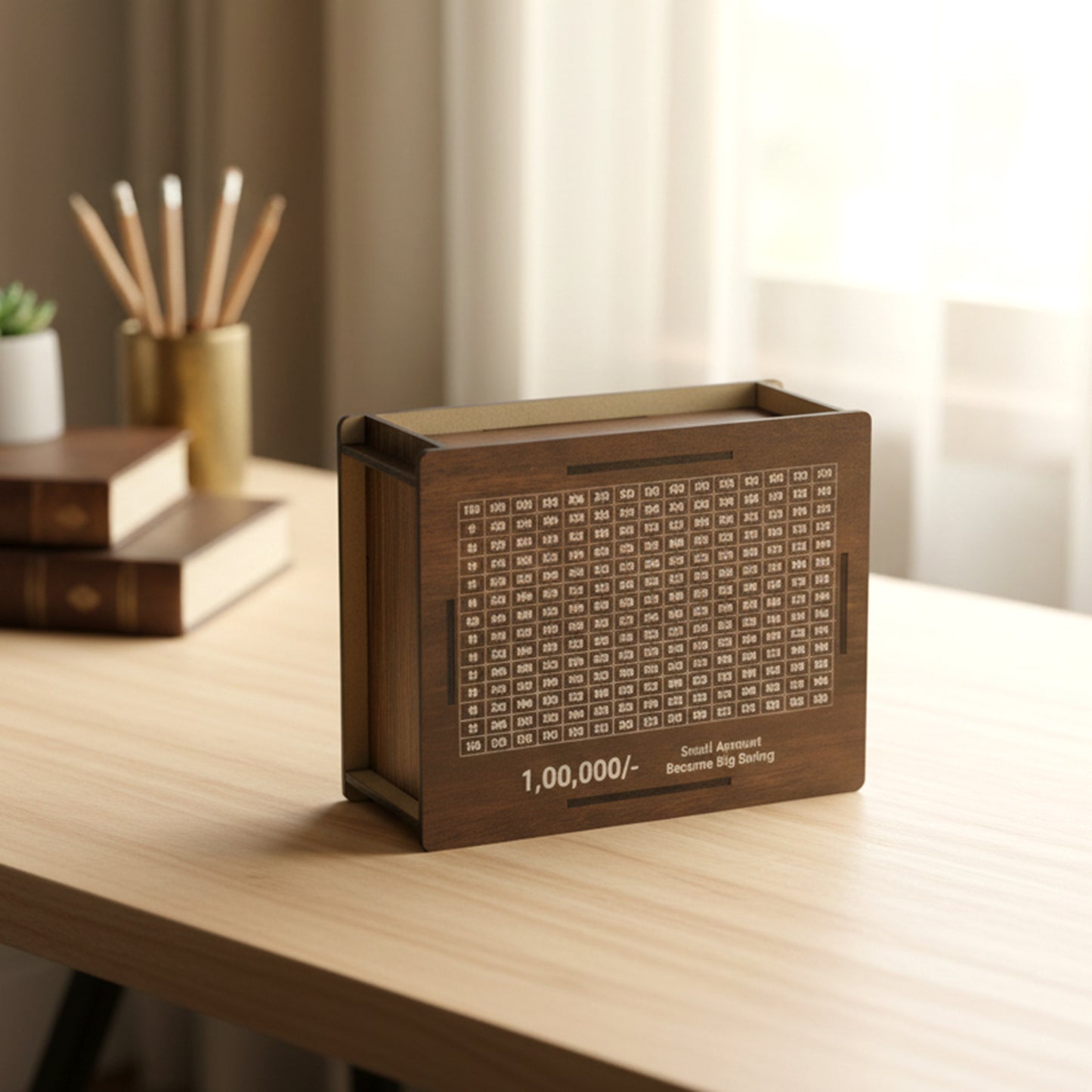 Wooden big piggy bank money saving box by Wukusy, featuring a classic pig shape and a coin slot for saving coins.