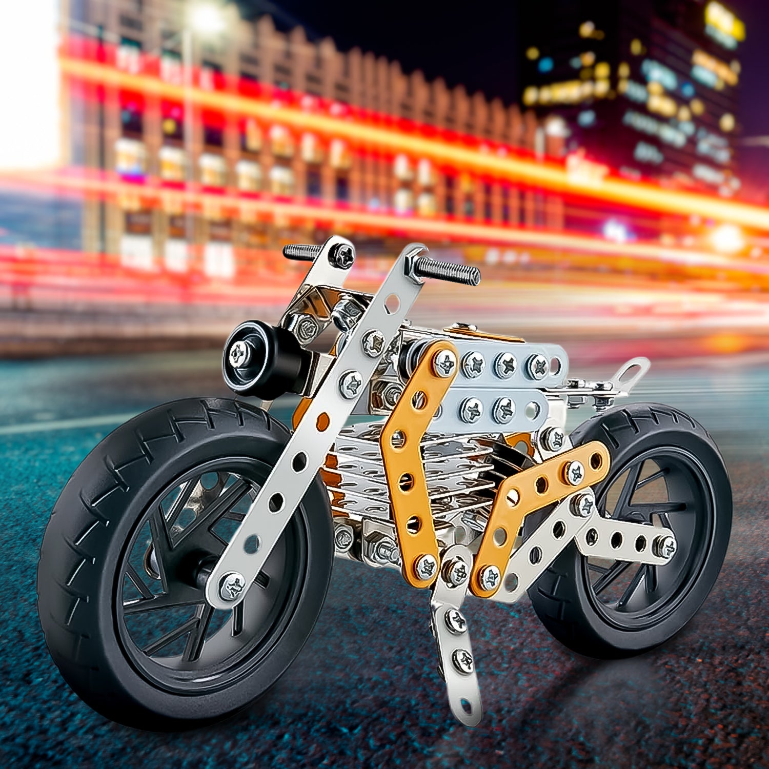 Wukusy metal DIY bike building set with 162 pieces of bike tools and parts for kids, including handlebars, wheels, and frame components.