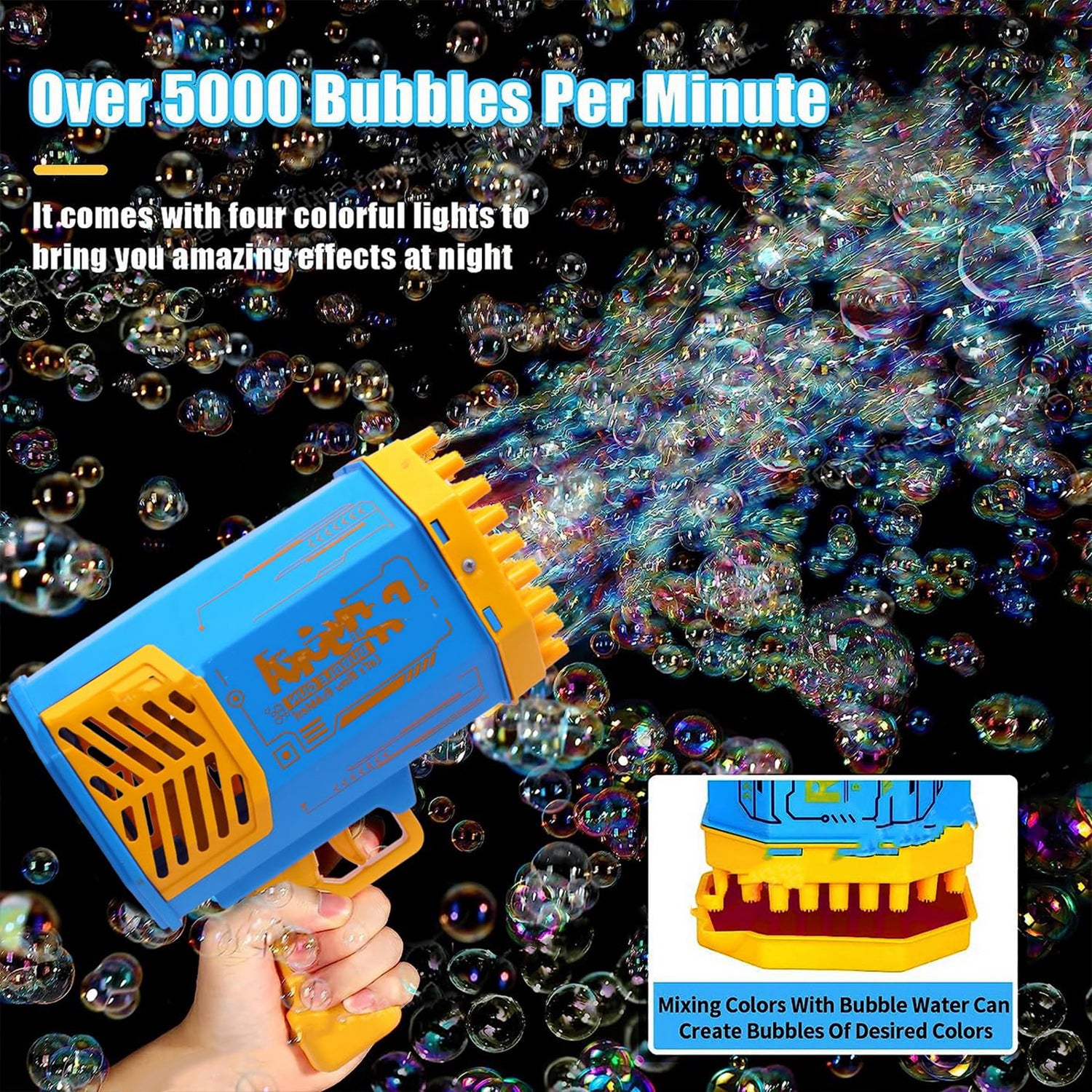 Wukusy 69 Holes Bubble Gun Toy for kids and adults, large rechargeable bubble machine with rocket design and colorful bubbles.