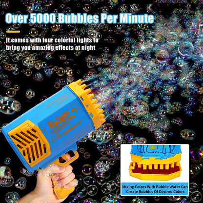 Wukusy 69 Holes Bubble Gun Toy for kids and adults, large rechargeable bubble machine with rocket design and colorful bubbles.