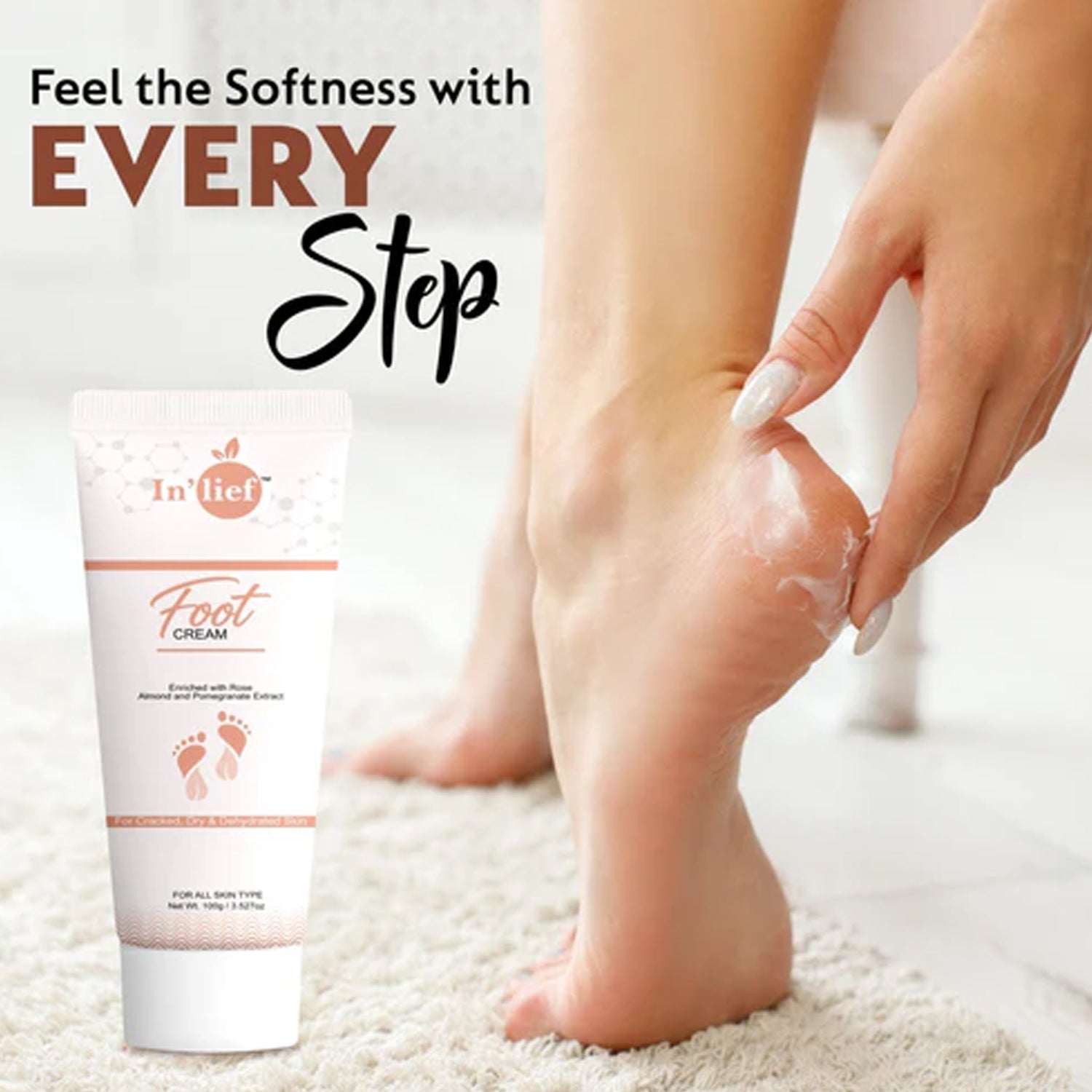 Wukusy Deep Nourishing Foot Care Cream in 100g jar, showing creamy texture and application on feet for soft, healthy skin.