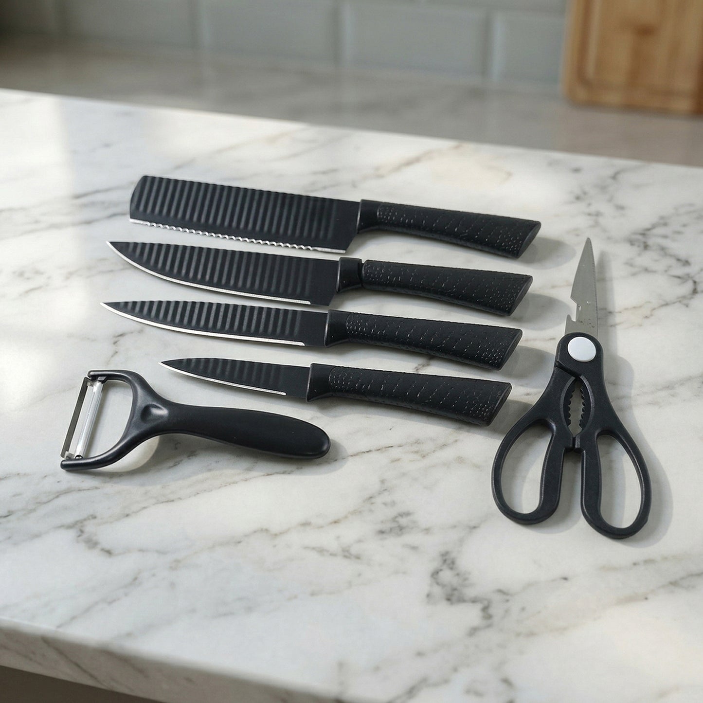 Wukusy 6-in-1 premium kitchen knife set with stainless steel blades and ergonomic handles, displayed on a wooden cutting board