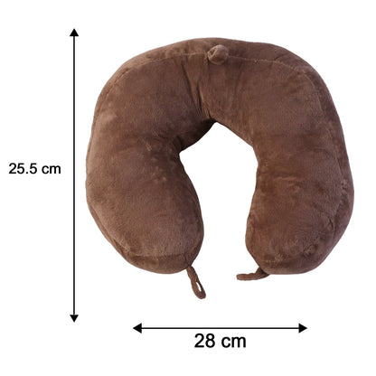 Brown Wukusy U-shaped travel neck pillow with plush fabric, providing soft head and neck support for comfortable travel.
