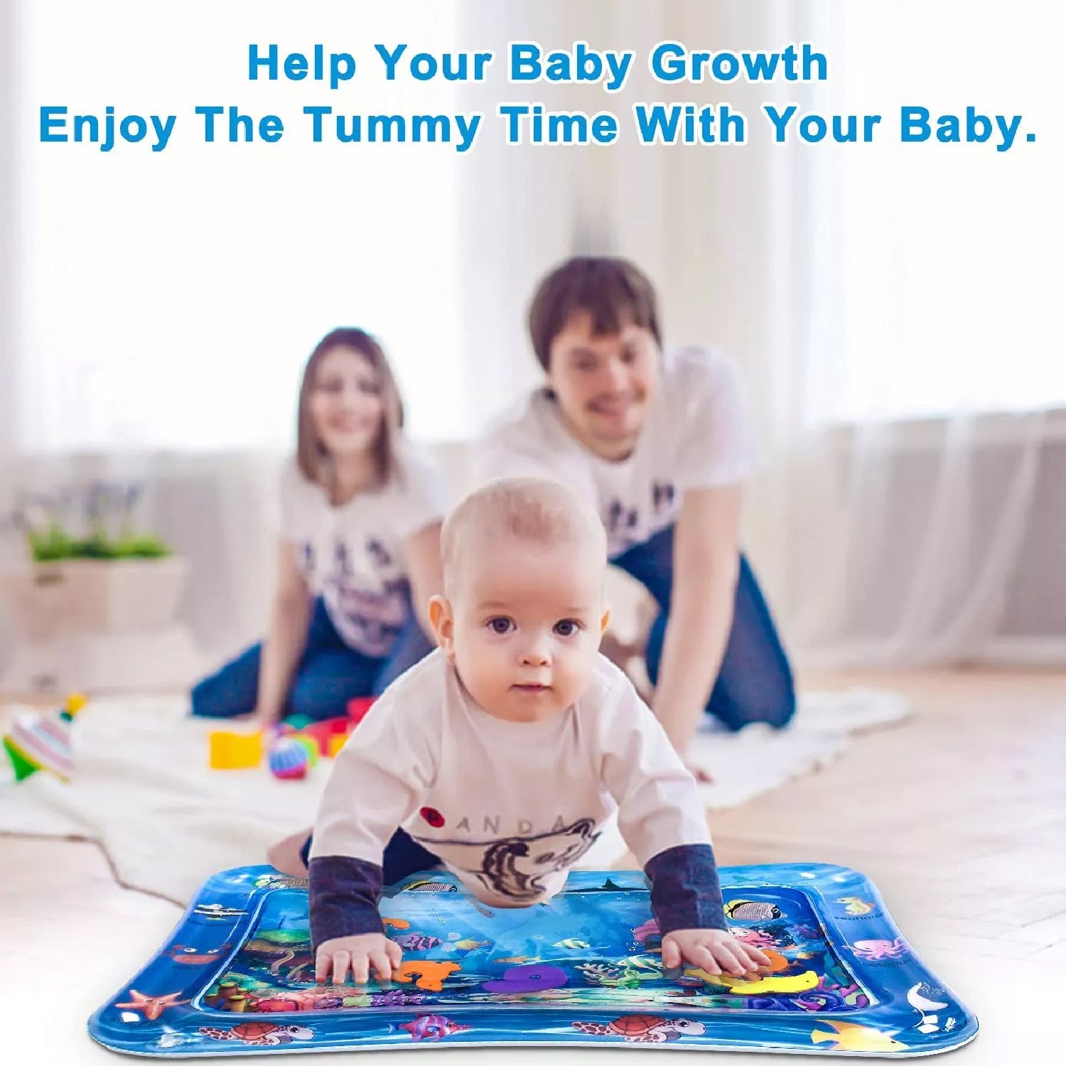 Inflatable Wukusy baby water mat with colorful toys and activity center for infants aged 3 to 15 months, featuring assorted playful designs.