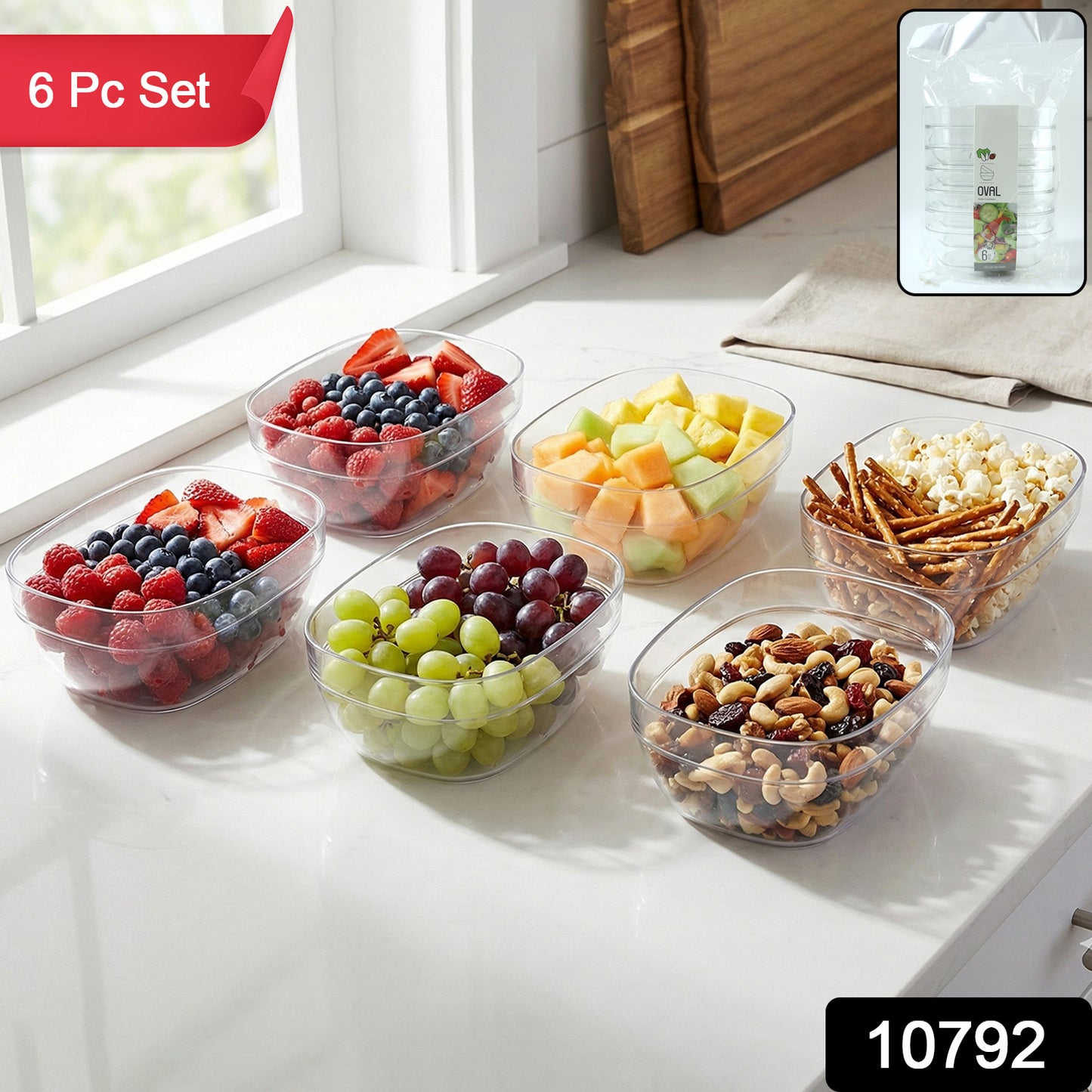 Set of six transparent Wukusy serving and storage bowls, versatile for kitchen use and food presentation.