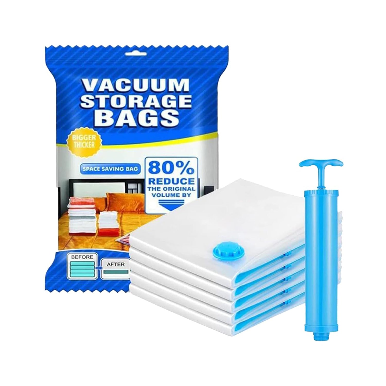Wukusy vacuum storage bags with suction pump and shirt clips, large capacity compression bags for travel clothes, blankets, and pillows.