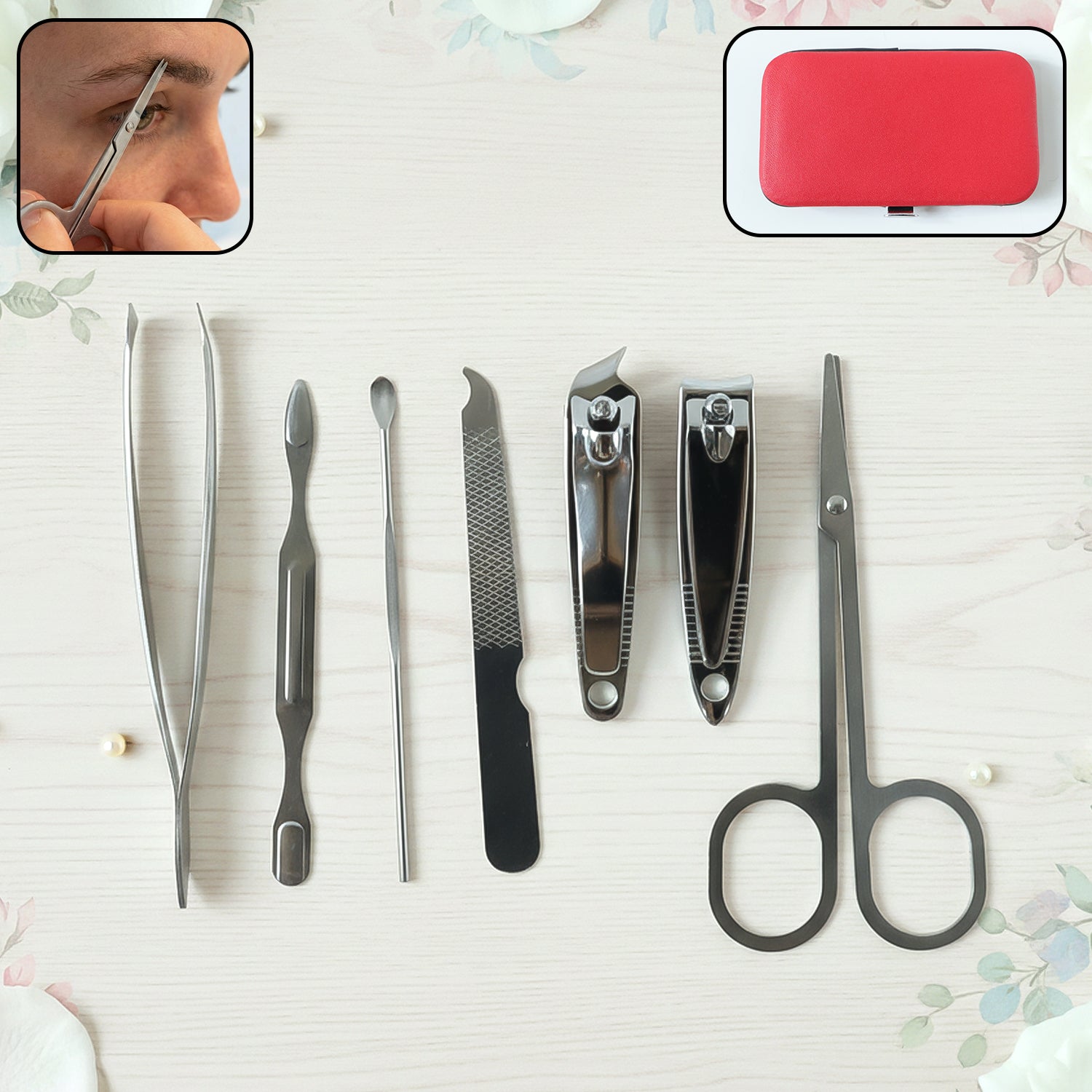 Wukusy 7-in-1 stainless steel manicure and pedicure grooming kit with various tools displayed on a white background.