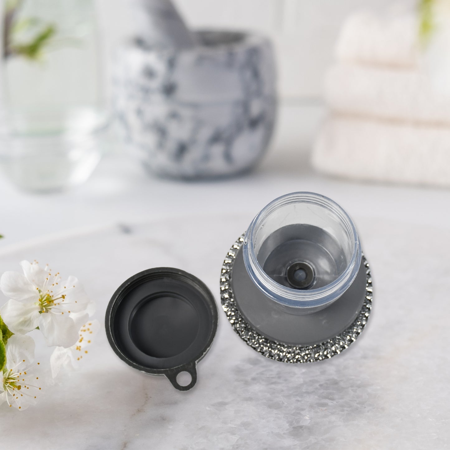 Wukusy soap dispensing palm dish brush with handle and liquid soap dispenser for cleaning dishes and utensils in the kitchen
