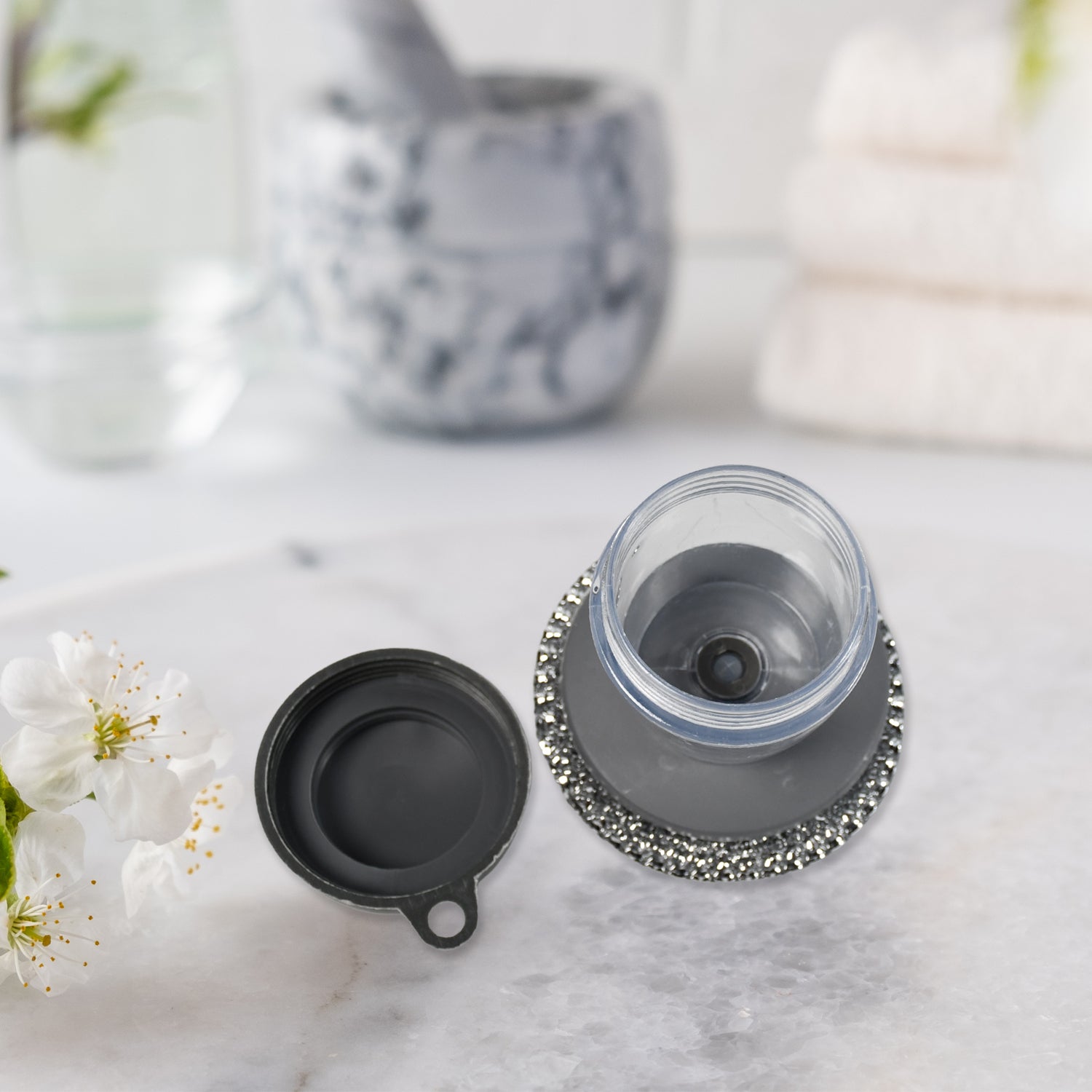 Wukusy soap dispensing palm dish brush with handle and liquid soap dispenser for cleaning dishes and utensils in the kitchen