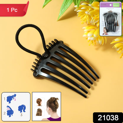 Wukusy volumizing hair bun comb clip securing a styled bun, made of durable plastic with a sleek black finish.
