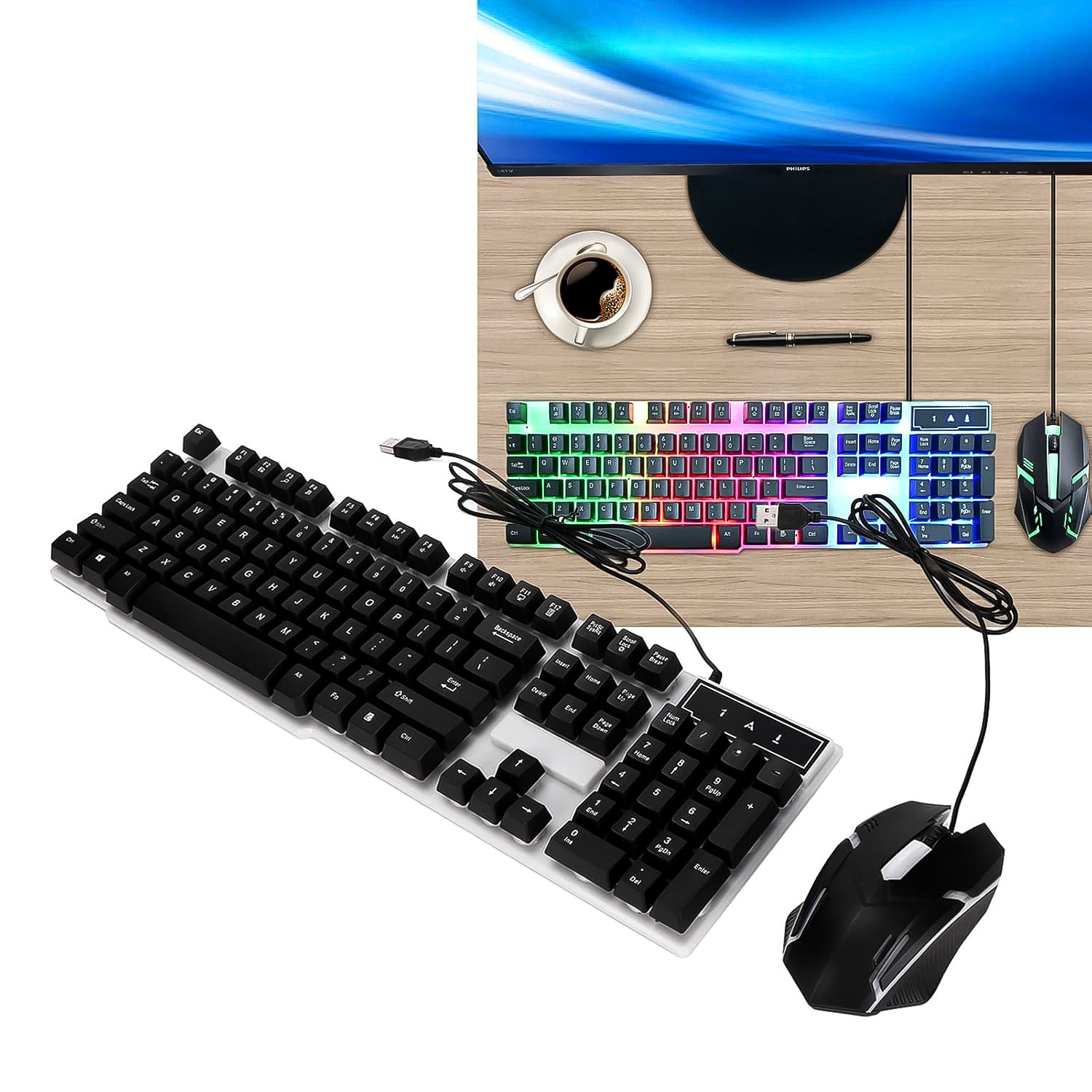 Wukusy 104-key colorful lighting keyboard and mouse set for office use, featuring vibrant backlit keys and ergonomic design.