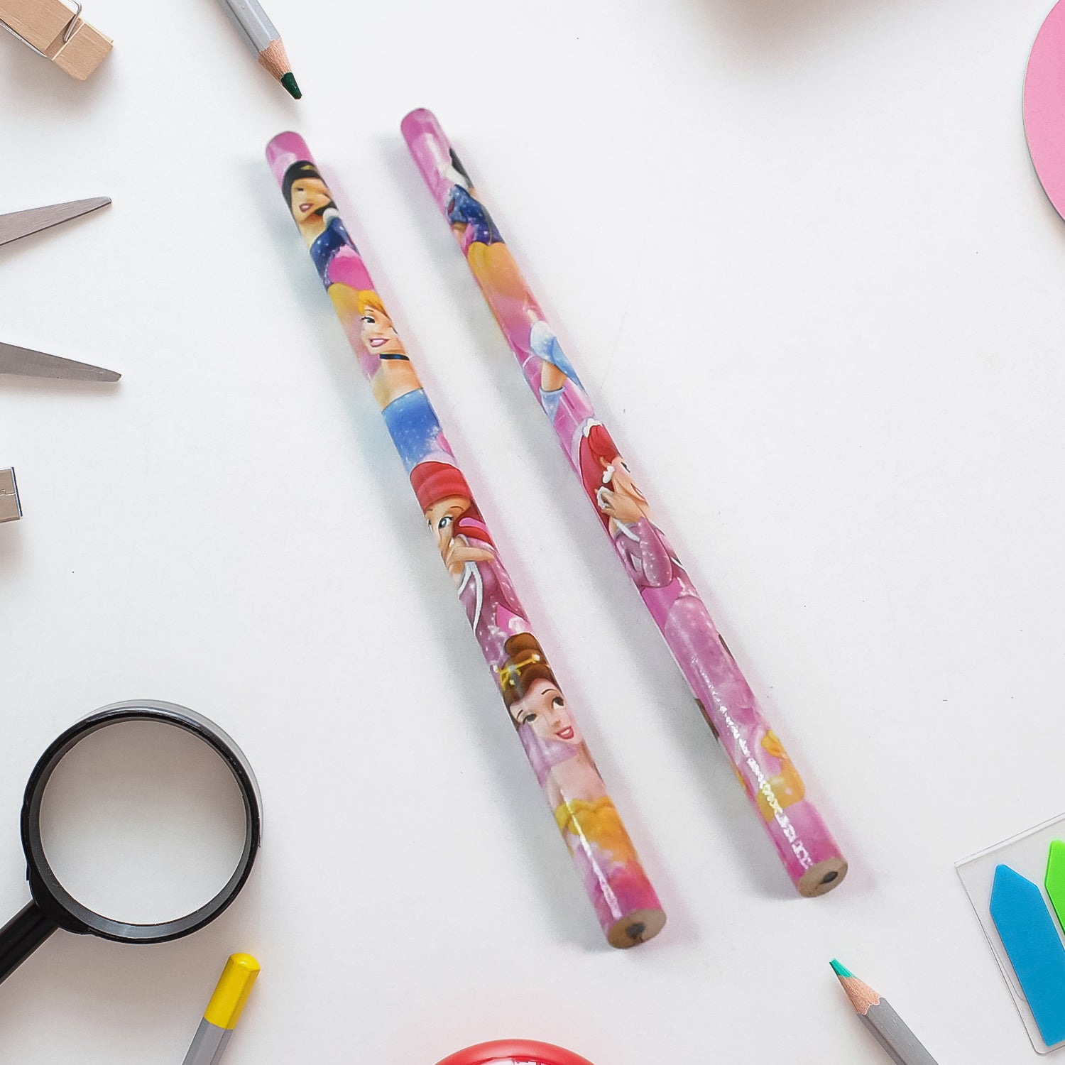 Wukusy 5-piece cartoon wooden pencil set with colorful designs, perfect for school kids, including erasers and stationery accessories.