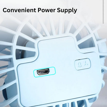 Wukusy portable clip-on fan with rechargeable battery, USB powered, 3-speed quiet operation, 360° rotation, with built-in light.