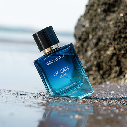 Bellavita Premium Ocean Man Eau De Perfume bottle by Wukusy, 100ml, with sleek design and ocean-inspired fragrance packaging.